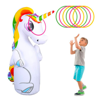 Inflatable Unicorn Punching Bag with 6 Toss Rings - 