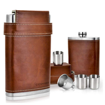 Stainless Steel Flask 8 oz Brown Leather with 3 Cups  - 