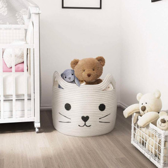 Large Woven Cotton Rope Storage Basket with Cat Face - 